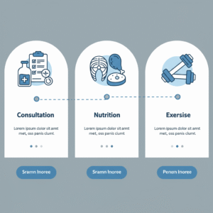 A triptych showing icons for medical consultation, nutrition, and exercise, representing the holistic protocol needed for successful peptide therapy.