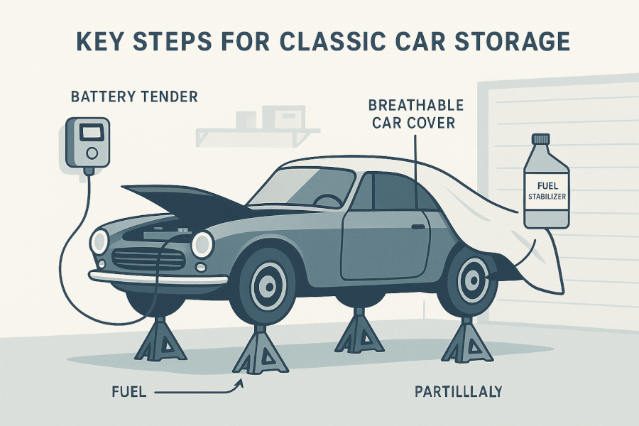 A modern & clean illustration showing the key steps for classic car storage. In a minimalist garage setting, a stylized classic car is elevated on four jack stands. A cable runs from a wall-mounted battery tender to the car's battery. Next to the car, a bottle of fuel stabilizer is shown with an arrow pointing towards the fuel tank. A breathable car cover is partially draped over the vehicle. The scene is calm and organized, with a modern, clean aesthetic and a cool color palette.