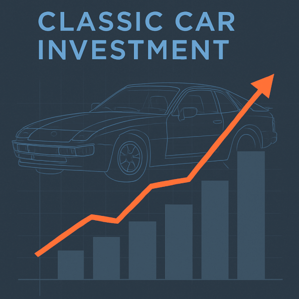 A modern and clean infographic illustrating classic car investment. A stylized, minimalist line graph shows a strong upward trend, representing rising value. In the background, a faint, ghosted blueprint-style outline of a 1980s 'youngtimer' sports car, like a Porsche 944. The color palette is professional, using shades of charcoal grey, cool blue, and a single sharp accent color. The overall feeling is analytical and strategic.