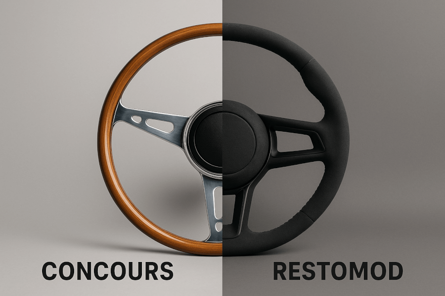 A modern and clean split-image composition contrasting classic car restoration philosophies. The left side features a close-up of a perfectly preserved, original 1960s wood-and-chrome steering wheel, representing 'Concours' authenticity. The right side features a sleek, modern Alcantara-wrapped performance steering wheel, representing a 'Restomod' upgrade. A sharp, clean line divides the two halves. The background is neutral and uncluttered, focusing all attention on the two distinct styles.
