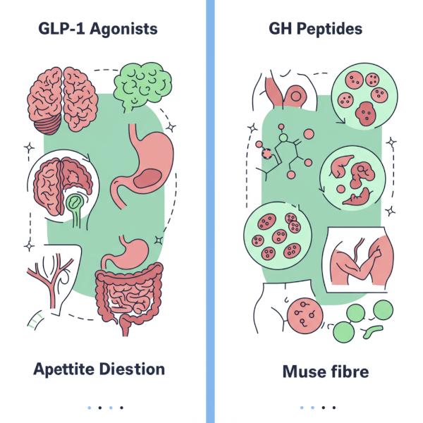 A side-by-side comparison showing how GLP-1 Agonists affect the brain and stomach for appetite suppression, versus how GH Peptides break down fat cells and strengthen muscle.