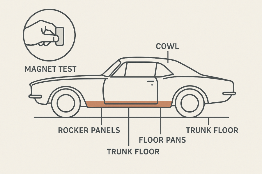A modern & clean diagram of a generic classic car silhouette in a side profile view. Key rust-prone areas are highlighted with a subtle, contrasting color: rocker panels, floor pans, trunk floor, and the area at the base of the windshield (cowl). In a small circular callout, a hand holds a simple magnet against a fender, illustrating the 'magnet test' for detecting body filler. The overall design is minimalist with clean lines on a light, neutral background.