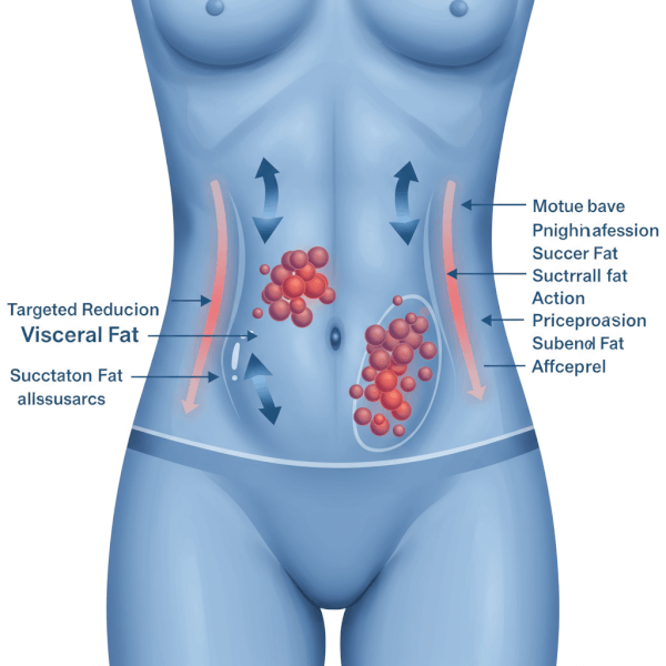 A medical illustration showing the targeted reduction of visceral fat around internal organs in a human midsection, highlighting the specific action of peptide therapy.