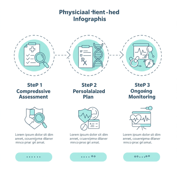 An infographic illustrating the three steps of a physician-led peptide protocol: Comprehensive Assessment, Personalized Plan, and Ongoing Monitoring.