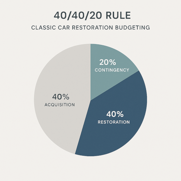 A modern and clean diagram illustrating the 40/40/20 rule for classic car restoration budgeting. The visual is a simple, elegant pie chart divided into three sections labeled '40% Acquisition', '40% Restoration', and '20% Contingency'. Use a professional and minimal color palette of cool grey, dark blue, and a subtle accent color. The background is a clean, light grey, emphasizing the financial data.