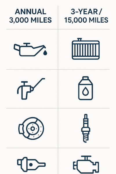 A modern & clean infographic divided into two vertical columns. The left column is titled 'Annual / 3,000 Miles' and features minimalist icons for an oil can, a dipstick, a grease gun, and a brake caliper. The right column is titled '3-Year / 15,000 Miles' and has icons for a radiator, brake fluid, a spark plug, and an engine valve. The design is uncluttered with a professional blue and grey color scheme on a clean white background.