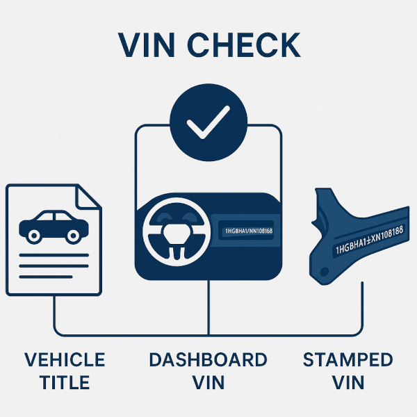 A modern & clean infographic illustrating the three essential points of a VIN check. On the left, a stylized document representing a vehicle title. In the center, a close-up of a car's dashboard showing a VIN plate. On the right, a section of a car's chassis with a stamped VIN. Clean lines connect all three to a central checkmark icon, symbolizing verification. The background is a solid, light grey, and the design uses a professional palette of navy blue and white. The style is minimalist and clear.