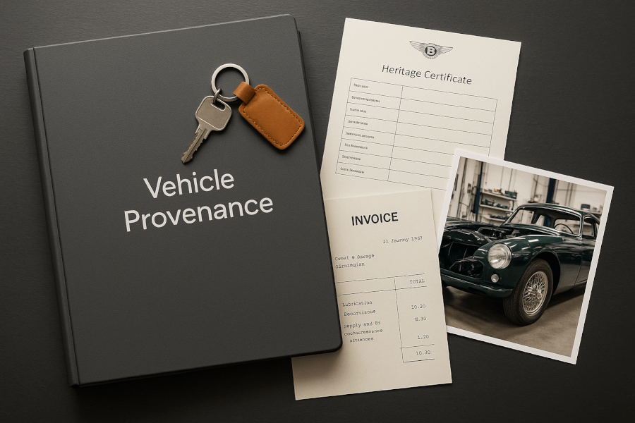 A modern and clean, professionally styled flat-lay photograph. The subject is a thick, high-quality ring binder labeled 'Vehicle Provenance'. A few documents are elegantly arranged beside it: a heritage certificate, a vintage service invoice, and a glossy photograph showing a car being restored. A classic car key with a simple leather fob rests on the binder. The lighting is bright and even, on a clean, slightly textured surface like dark wood or slate. The aesthetic is organized, valuable, and trustworthy.