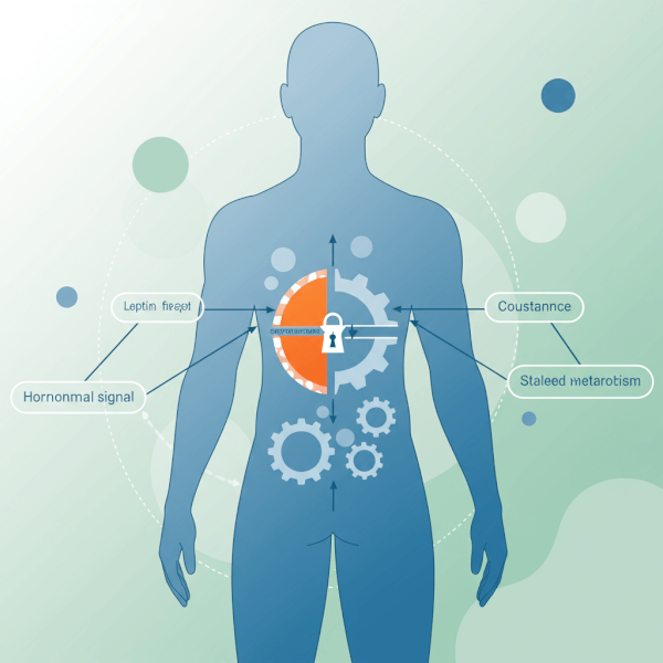A medical illustration showing a human silhouette with a slowing gear symbol representing stalled metabolism and a key not fitting a lock labeled 'leptin' to represent hormonal resistance.