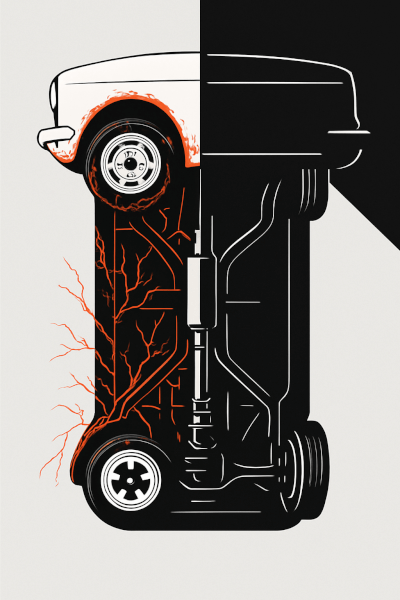 A graphic showing a classic car's undercarriage, half with red lines symbolizing rust and the other half clean and rust-proofed.