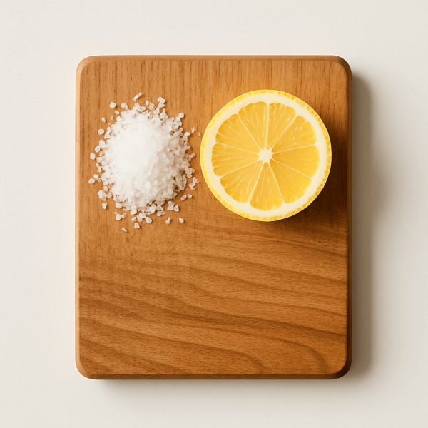 A modern and clean, top-down shot of a wooden cutting board. On the left side of the board is a neat pile of coarse sea salt, and next to it is a freshly sliced lemon half. The composition is minimalist and balanced, set against a bright, neutral background, emphasizing the natural cleaning ingredients.