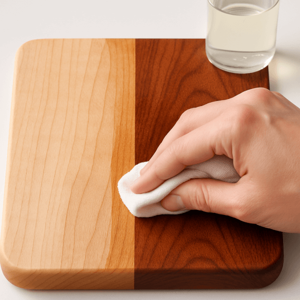 A modern and clean, satisfying close-up shot showing a hand in the process of wiping food-grade mineral oil onto a wooden cutting board. The image is split, with one half of the board looking dry and light, and the other half looking rich, dark, and hydrated where the oil has been applied. The focus is on the beautiful texture of the wood being restored.