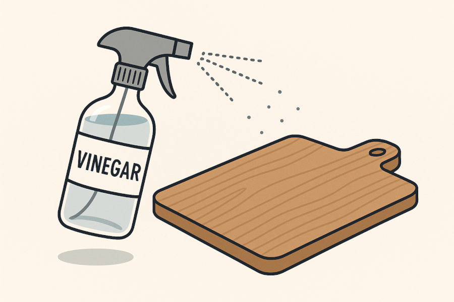 A modern and clean, minimalist illustration showing a clear glass spray bottle labeled 'Vinegar' lightly misting a wooden cutting board. The style is graphic with clean lines and a simple color palette. The image conveys a sense of cleanliness and food safety.