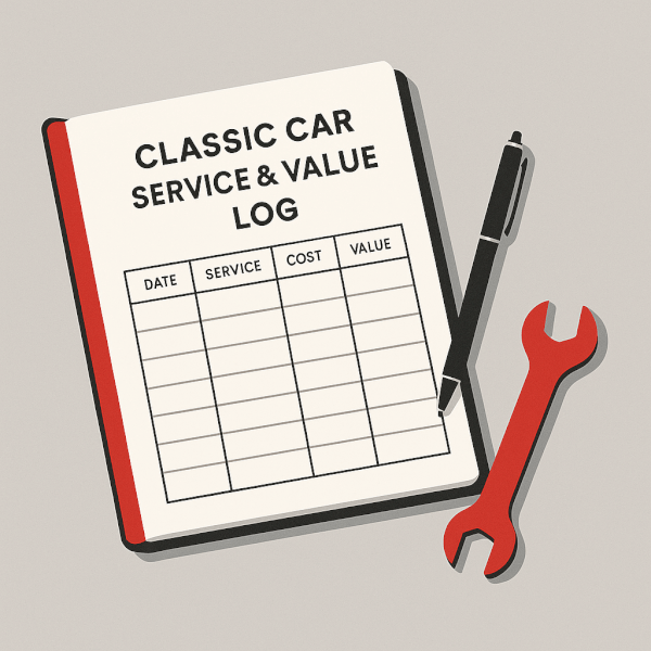 A flat lay illustration of an open 'Classic Car Service & Value Log' with a pen and a red wrench, symbolizing the importance of documentation.