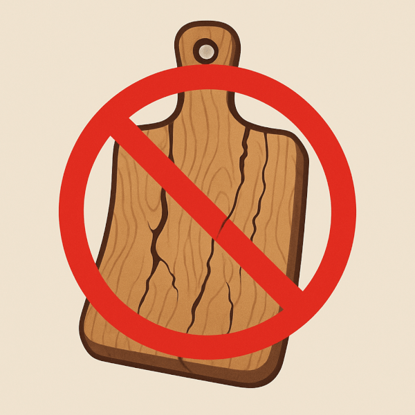 A modern and clean graphic showing a warped and cracked wooden cutting board with a bold, red prohibition symbol (a circle with a slash through it) over it. The image is a clear visual warning, styled minimally to communicate the 'don't' of board care. The background is a simple, solid neutral color.