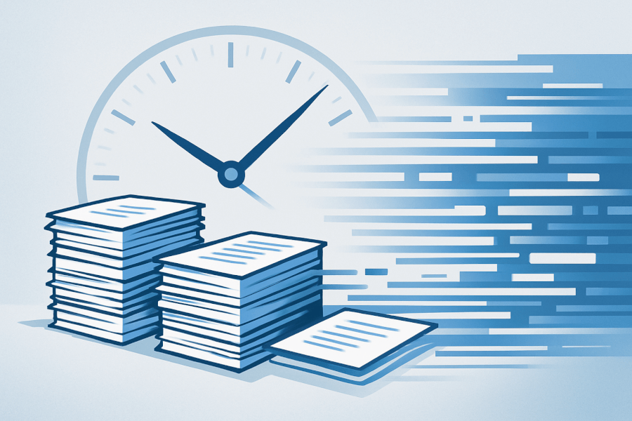 Abstract illustration of documents transforming into digital data streams, symbolizing AI-powered efficiency in legal work.
