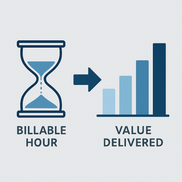 AI Transforming the Legal Business Model Beyond the Billable Hour A professional and corporate style minimalist graphic. An old-fashioned hourglass on the left, representing the billable hour, is shown transitioning into a modern, sleek bar graph on the right that indicates 'Value Delivered'.