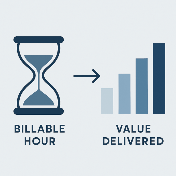 An hourglass transitioning into a value-delivered bar graph, symbolizing AI's transformation of the legal business model beyond the billable hour.