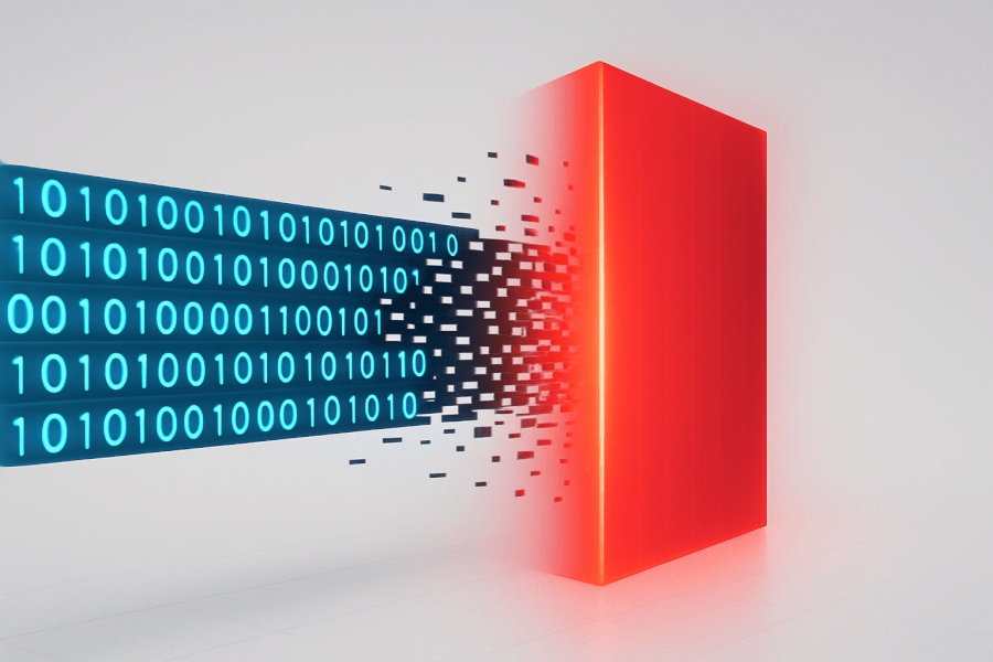 Data Parsing Error Illustration Abstract illustration of a digital data stream hitting a red wall, symbolizing a data parsing error.