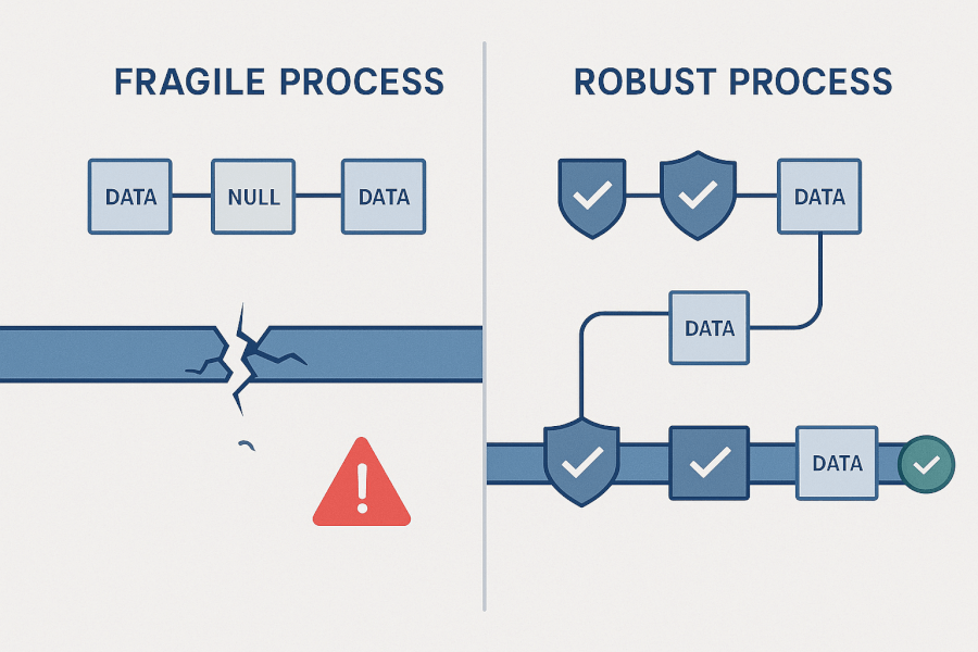 Illustration comparing a fragile data pipeline that breaks versus a robust pipeline with validation checkpoints that successfully handles null data.