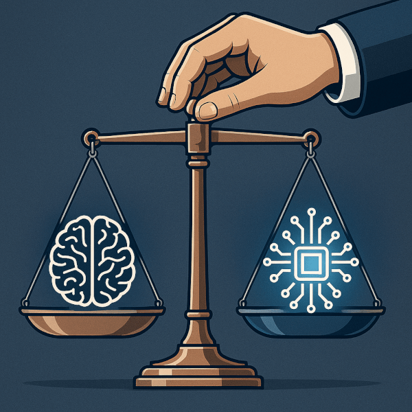 Ethical AI Use: The Lawyer's Duty of Supervision A professional and corporate style symbolic illustration of the scales of justice. On one scale is the abstract icon of a human brain, representing the lawyer's judgment. On the other scale is a glowing, digital circuit icon, representing AI. A lawyer's hand is shown carefully balancing the scales, emphasizing human oversight and control.