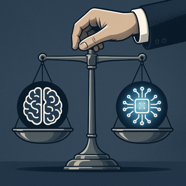 A lawyer's hand balancing the scales of justice between a human brain and an AI icon, symbolizing the duty of supervision.