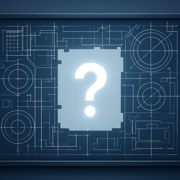 Missing Article Blueprint Component A digital blueprint with a large central section missing, replaced by a glowing question mark, illustrating a missing component.