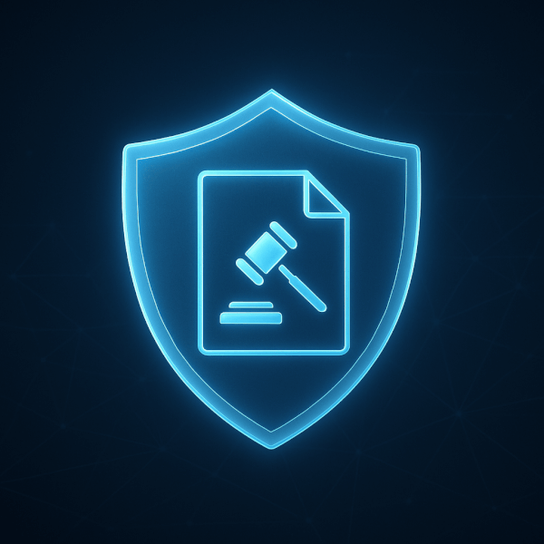 Protecting Client Data with Secure Legal AI Technology A professional and corporate style conceptual image of a translucent, glowing digital shield protecting a document icon marked with a gavel symbol. The background is dark blue with subtle, abstract network lines, suggesting a secure digital environment.