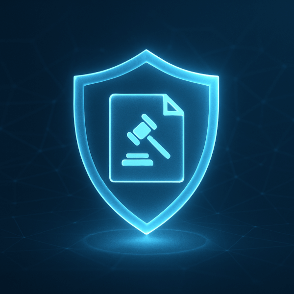 A digital shield protecting a legal document icon, representing the security of client data with legal AI technology.