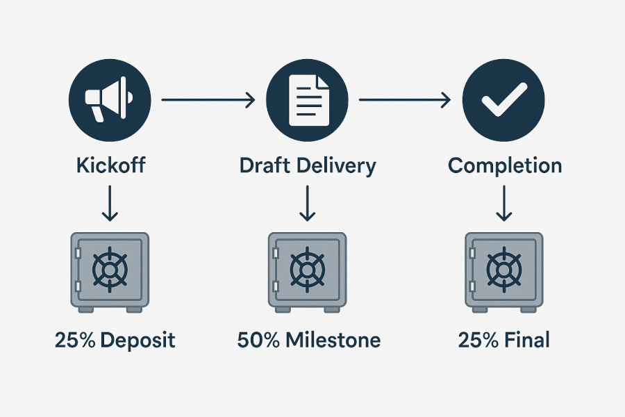 A timeline diagram illustrating milestone payments for a freelance project, with icons for Kickoff, Draft Delivery, and Completion linked to payment percentages.