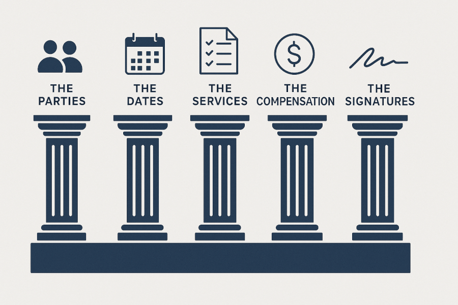 An infographic showing five architectural pillars labeled The Parties, The Dates, The Services, The Compensation, and The Signatures, representing the core components of a freelance contract.