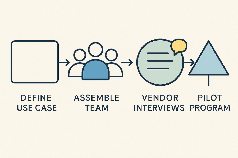 A flowchart illustrating the four stages of a legal AI evaluation framework: Define Use Case, Assemble Team, Vendor Interviews, and Pilot Program.