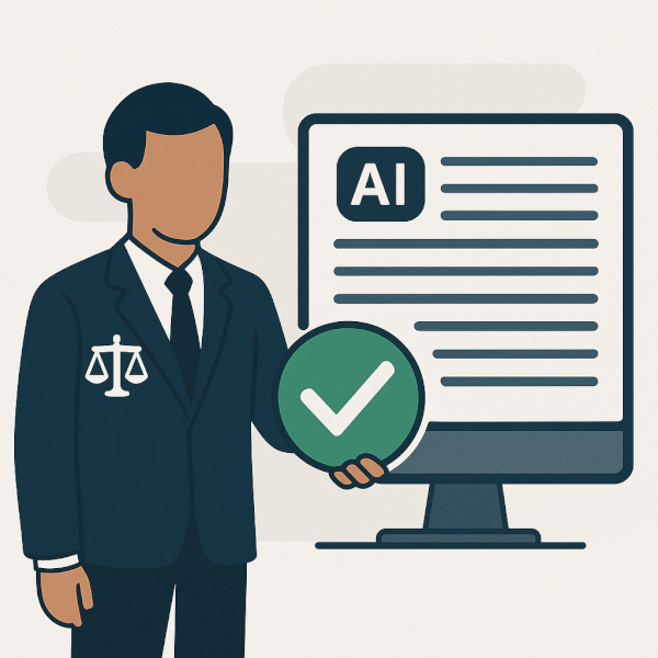 Illustration of a lawyer placing a large green checkmark over AI-generated text on a computer screen, representing the human-in-the-loop requirement for validating AI output.