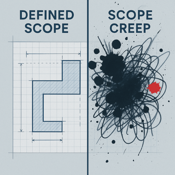 A split-screen illustration contrasting a clean, precise blueprint labeled 'Defined Scope' with a messy, chaotic version labeled 'Scope Creep'.