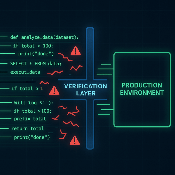 Eliminating Code Hallucination with the Verification Layer Conceptual illustration showing a glowing deep blue Verification Layer intercepting and filtering out corrupted or hallucinated data science code before it reaches the production environment, emphasizing security.