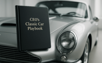 A meticulously organized history file for a classic car, showing documents, restoration photos, and a heritage certificate, representing the importance of provenance in vehicle valuation.