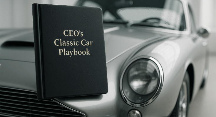 A meticulously organized history file for a classic car, showing documents, restoration photos, and a heritage certificate, representing the importance of provenance in vehicle valuation.
