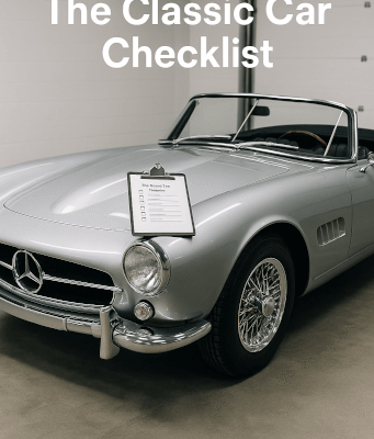 An illustration of the essential steps for preparing a classic car for long-term storage, including using jack stands, a battery tender, fuel stabilizer, and a breathable cover to preserve its condition.