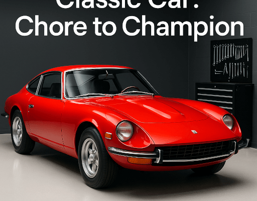 A clean diagram of a classic car highlighting critical safety check areas including tires, lights, and seatbelts for road-ready confidence.
