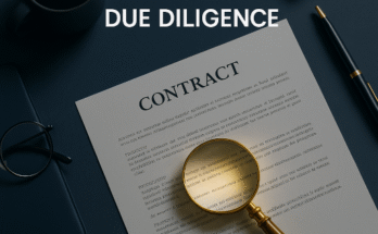 A professional illustration showing AI contract review software assisting a user by automatically flagging risks and verifying clauses on a digital document.