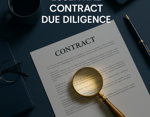 A professional illustration showing AI contract review software assisting a user by automatically flagging risks and verifying clauses on a digital document.