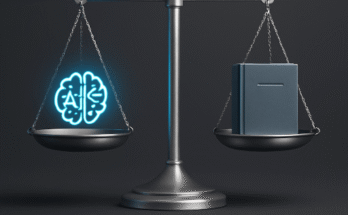 Illustration of a lawyer validating AI-generated content on a screen, symbolizing the essential human oversight and verification step in legal AI workflows.